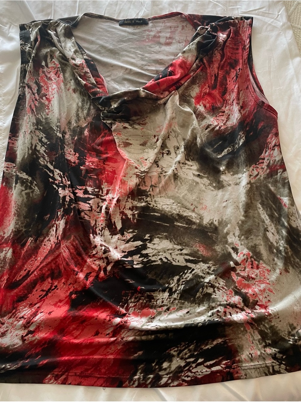 Jennie & Marlis Drape-Neck Abstract Print Camisole in Red, Black & Cream